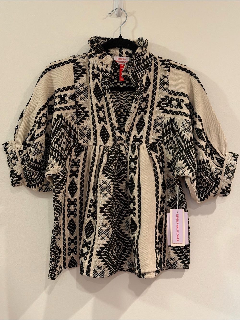 NWT Never A Wallflower Black & Beige (with Silver) Boho Printed Shirt